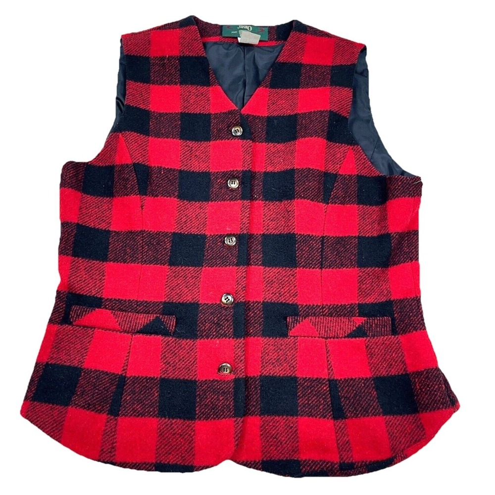 Vintage Orvis Vest Women Small Wool Red Black Buffalo Plaid Western Cowboy USA